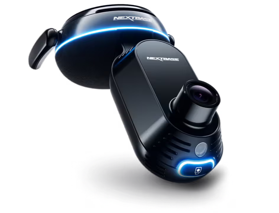 A sleek black camera with a lens and blue accents.