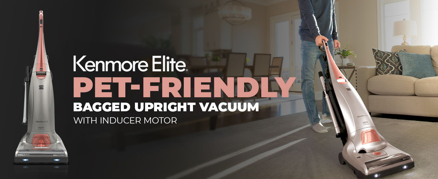 Kenmore Elite pet-friendly bagged upright vacuum in a living room setting.