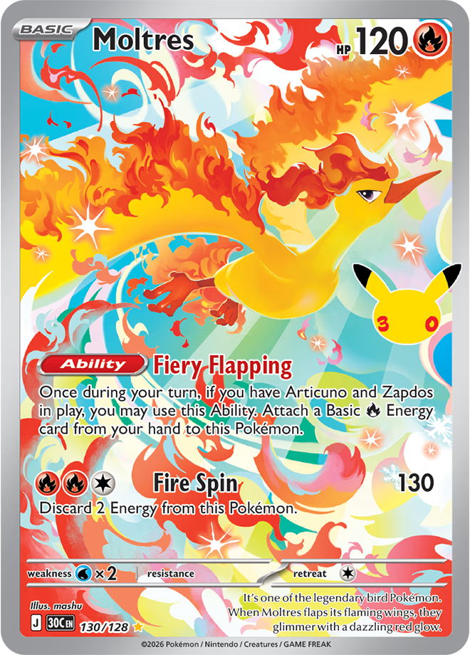 The illustration rare Moltres from the Pokémon TCG's 30th Celebration Set.