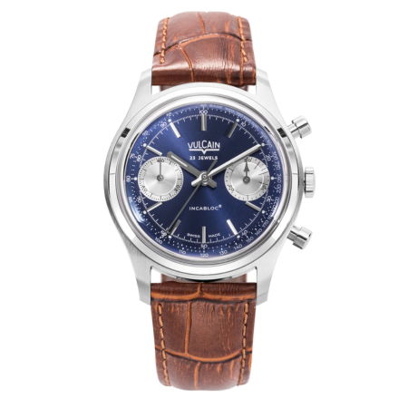 A silver chronograph watch with a blue dial and brown leather strap.