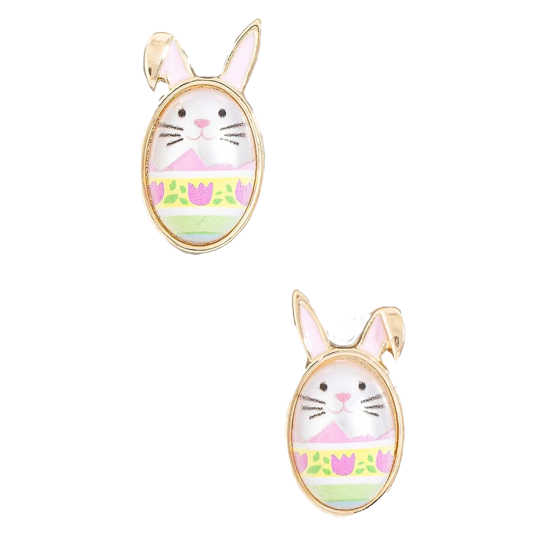 Earrings featuring bunny designs with pastel colors and floral details.