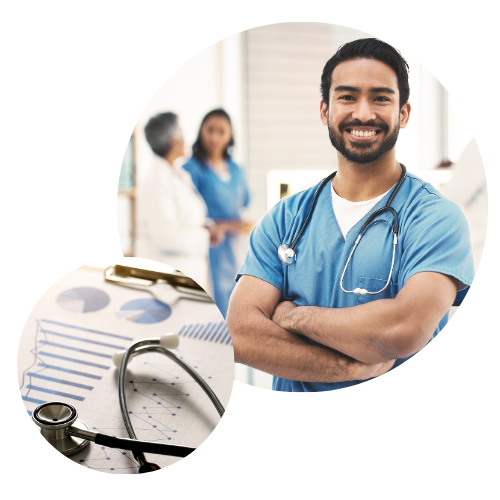 Smiling healthcare professional in scrubs with medical equipment and colleagues in background.