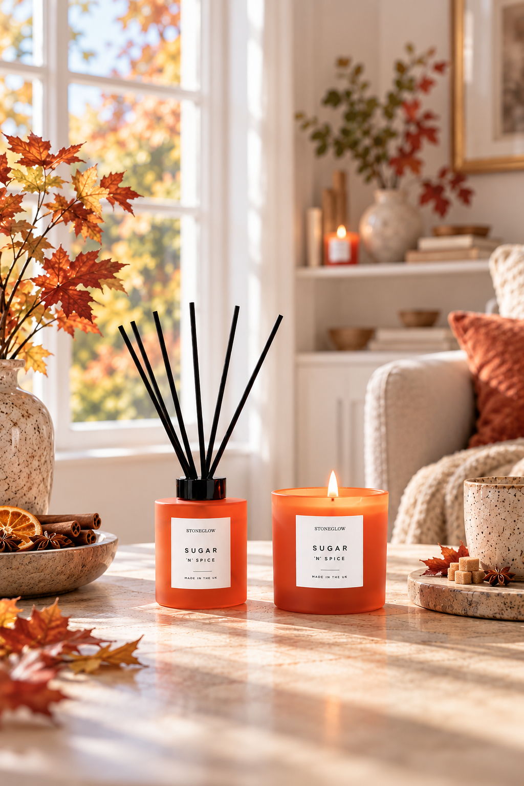Autumn-themed candles and diffuser in a cozy living room setting.
