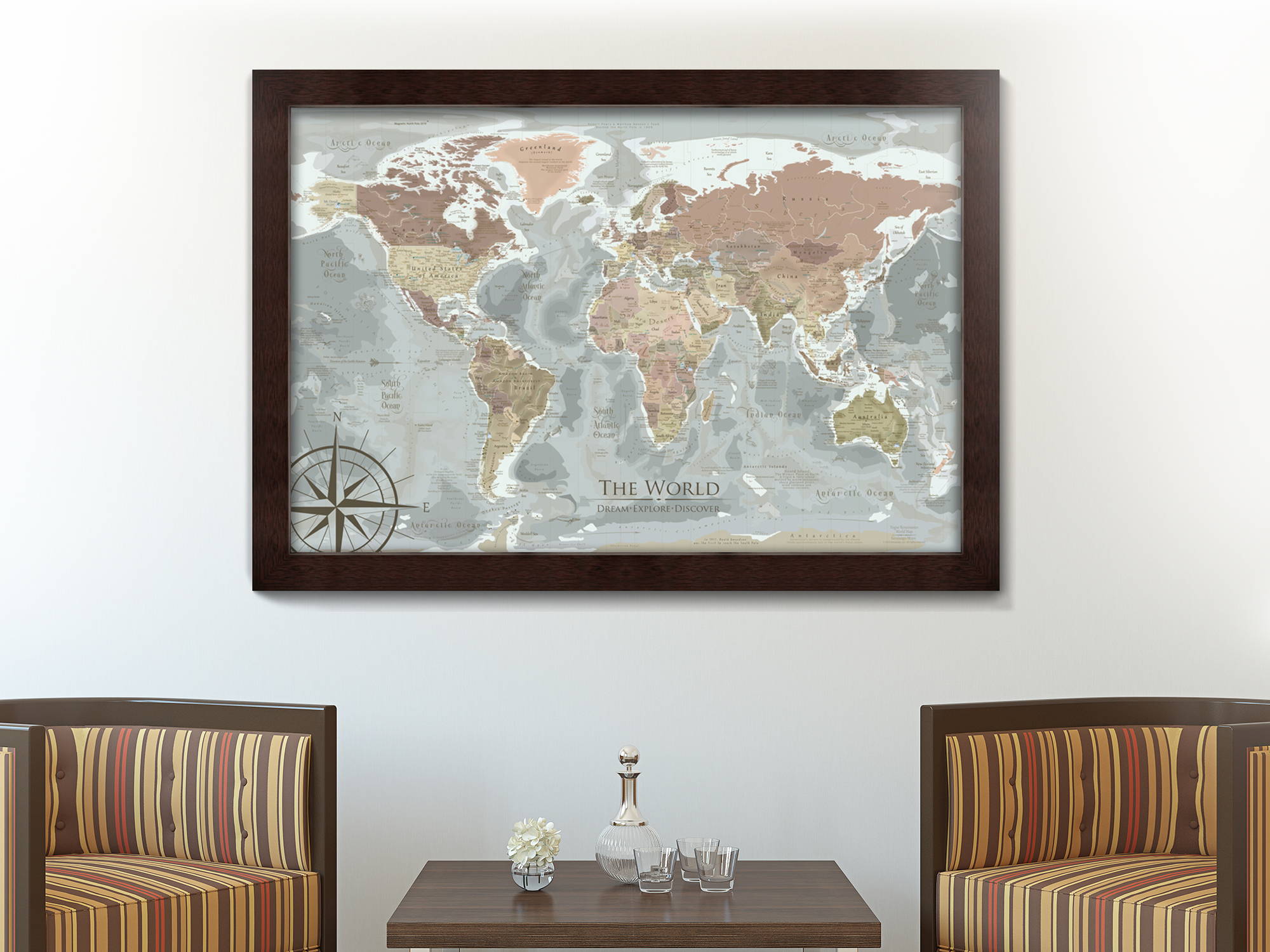 Customizable world map with push pins in a stylish frame