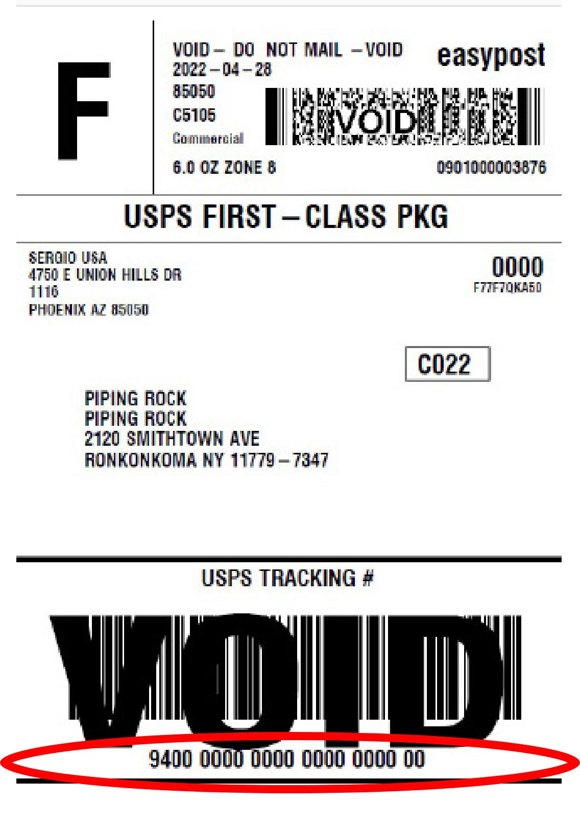 Example label with tracking number on bottom
