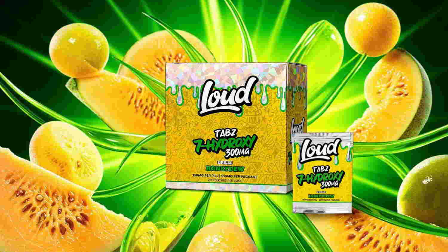 Loud! product packaging with tropical fruits and vibrant green background.