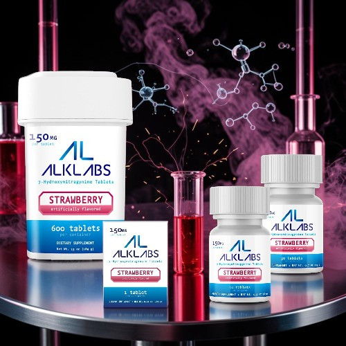 Assorted health products with a pink and scientific background.