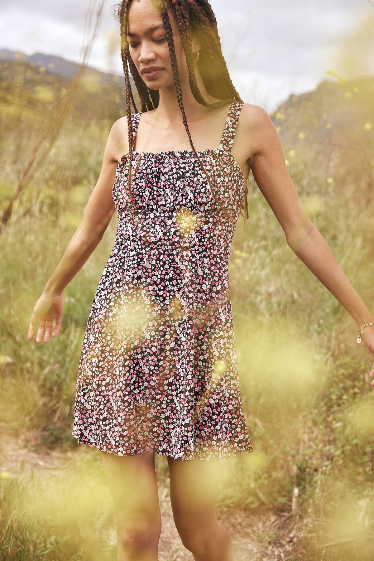 Trixxi sun-kissed summer, girl in ditsy floral mini tank dress.