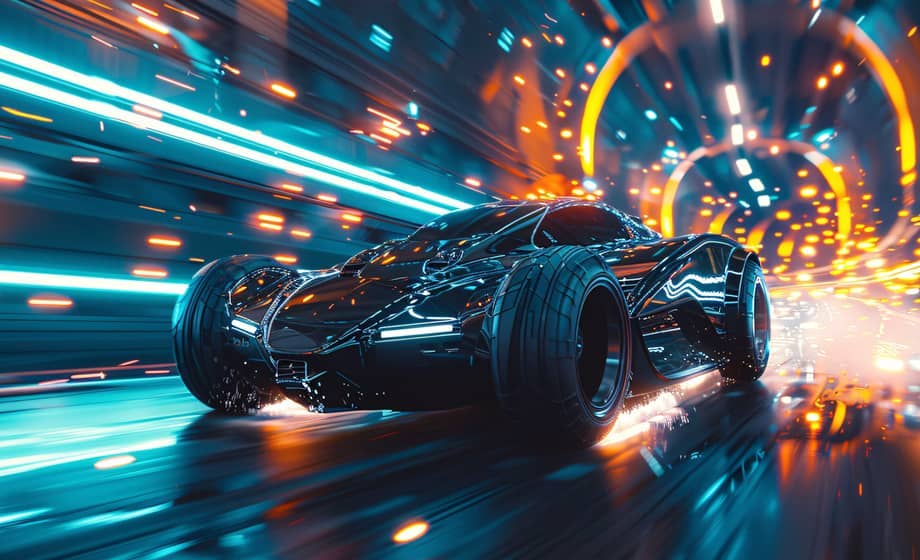 A futuristic car racing through a glowing tunnel with colorful lights.