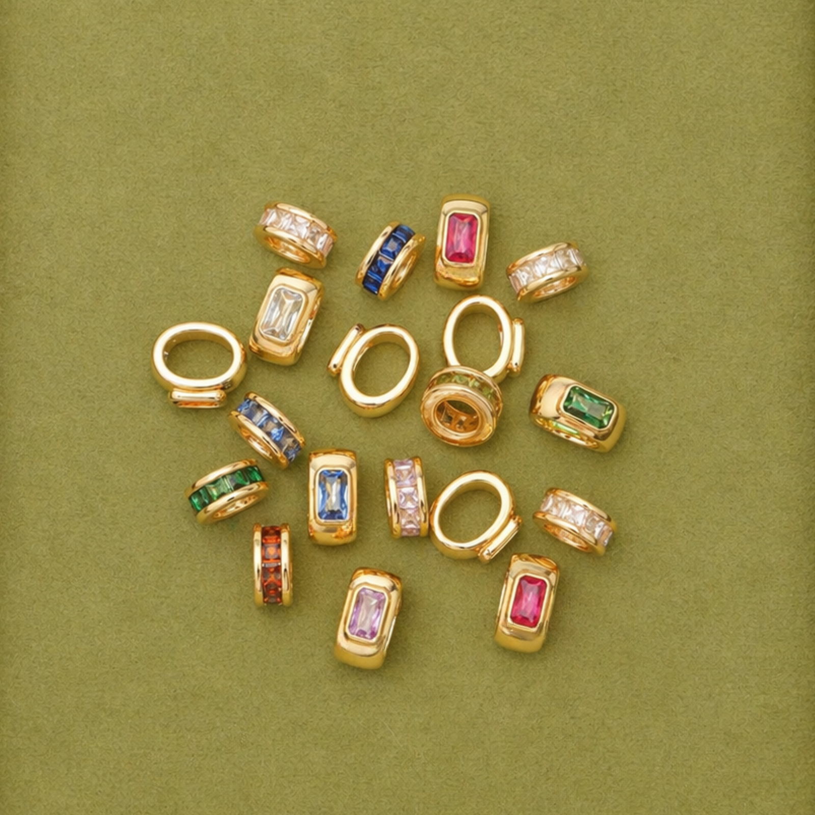 Gold halo spacer charms with multicolor crystals for custom charm jewelry design