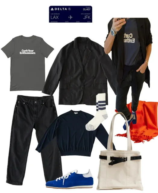 Collage of clothing items and accessories with a boarding pass.