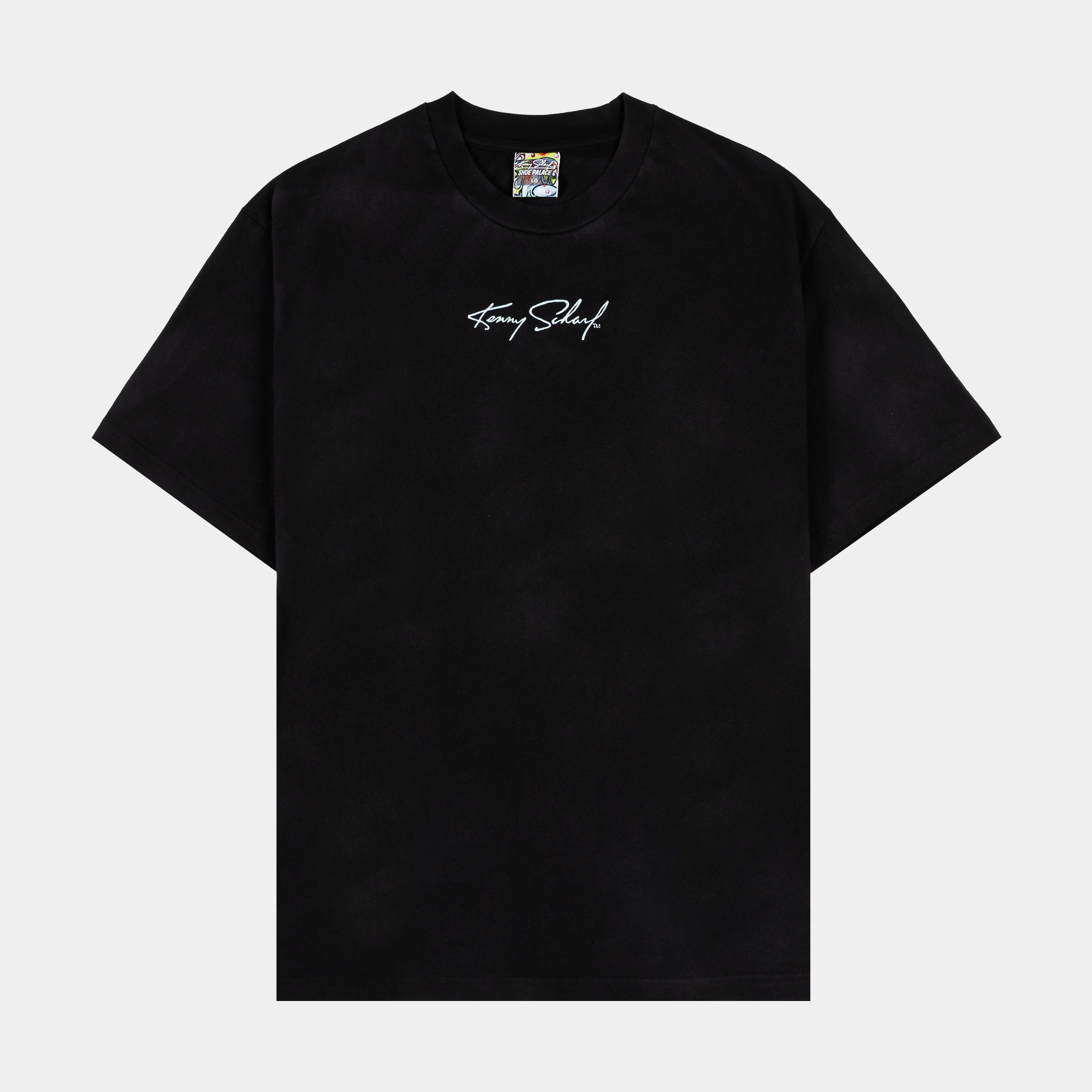 Black t-shirt with a white logo on the front.
