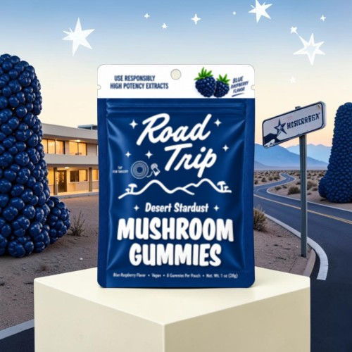 Package of Road Trip Dessert Starburst Mushroom Gummies against a whimsical background.
