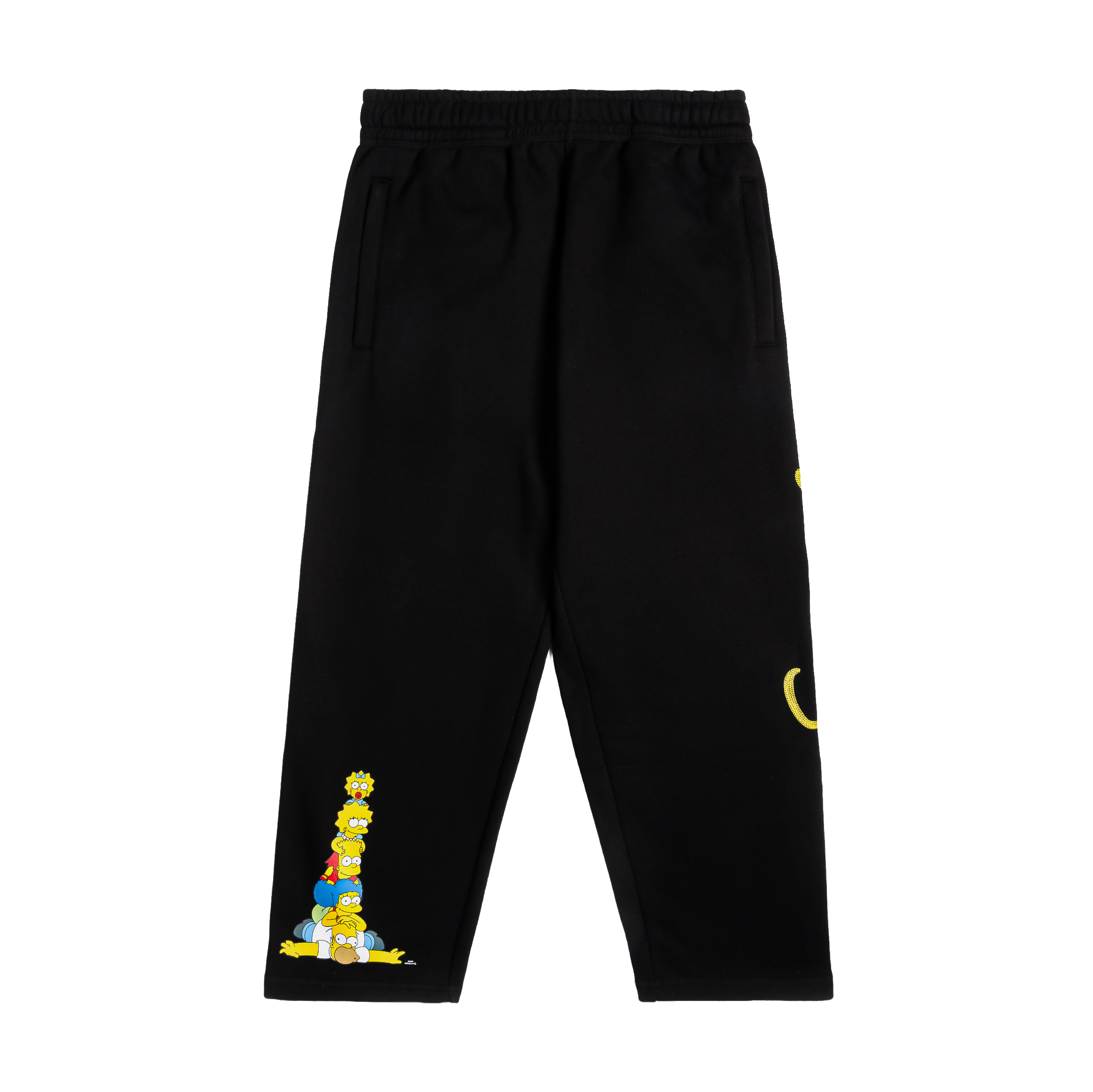 Black sweatpants with colorful cartoon character designs on the sides.