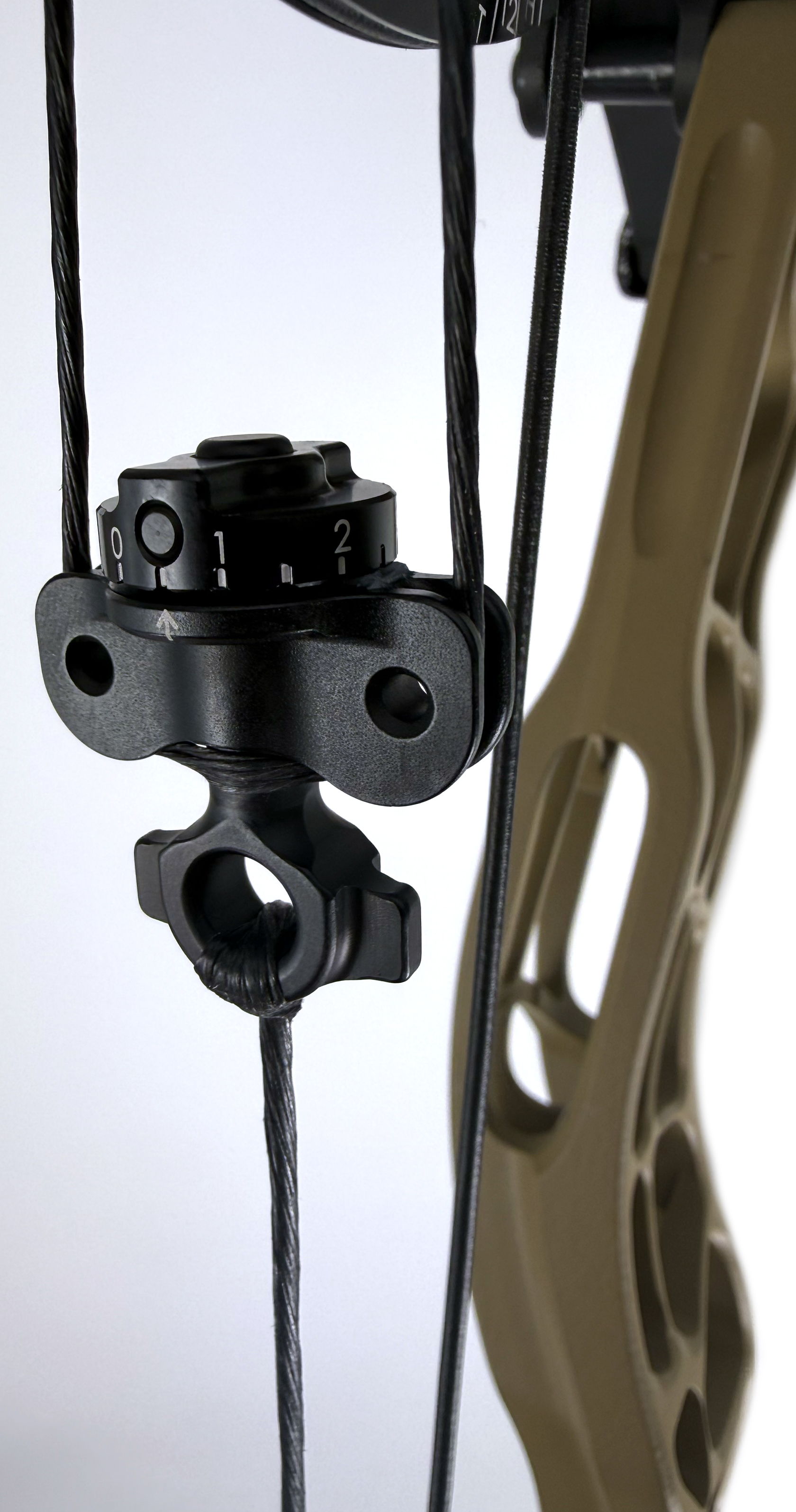 Close-up of a bow's cam and cable system.