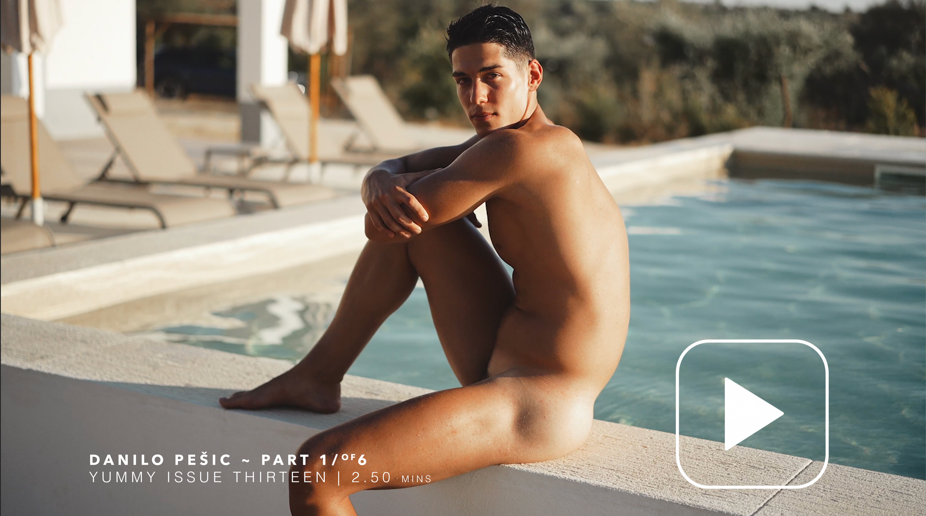 Person sitting by a pool, casually posed, with a play button overlay.