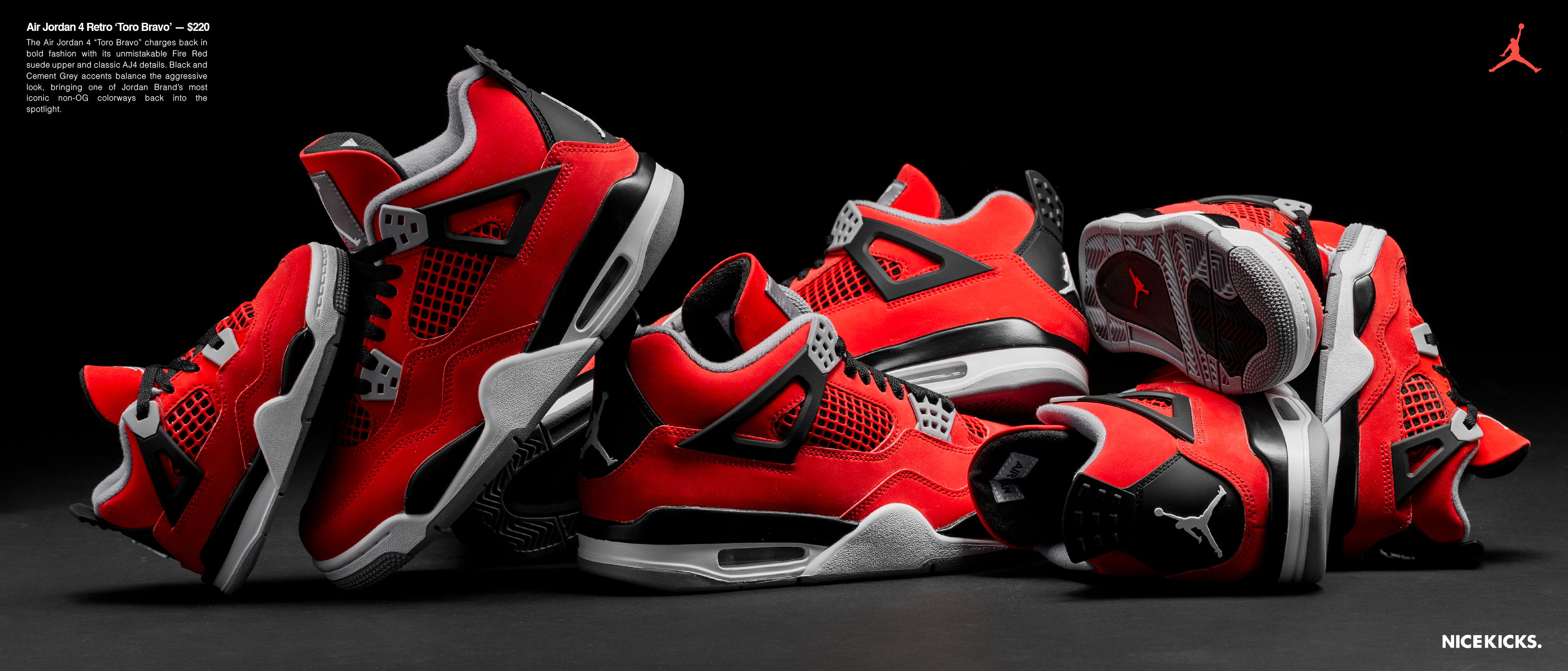 Red sneakers arranged creatively against a dark background.