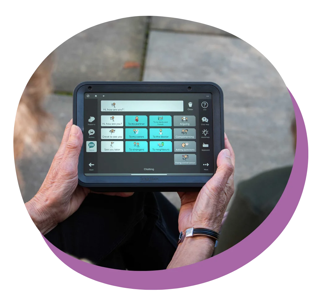 Talk Pad communication device displaying Aphasia Duo Grid software.