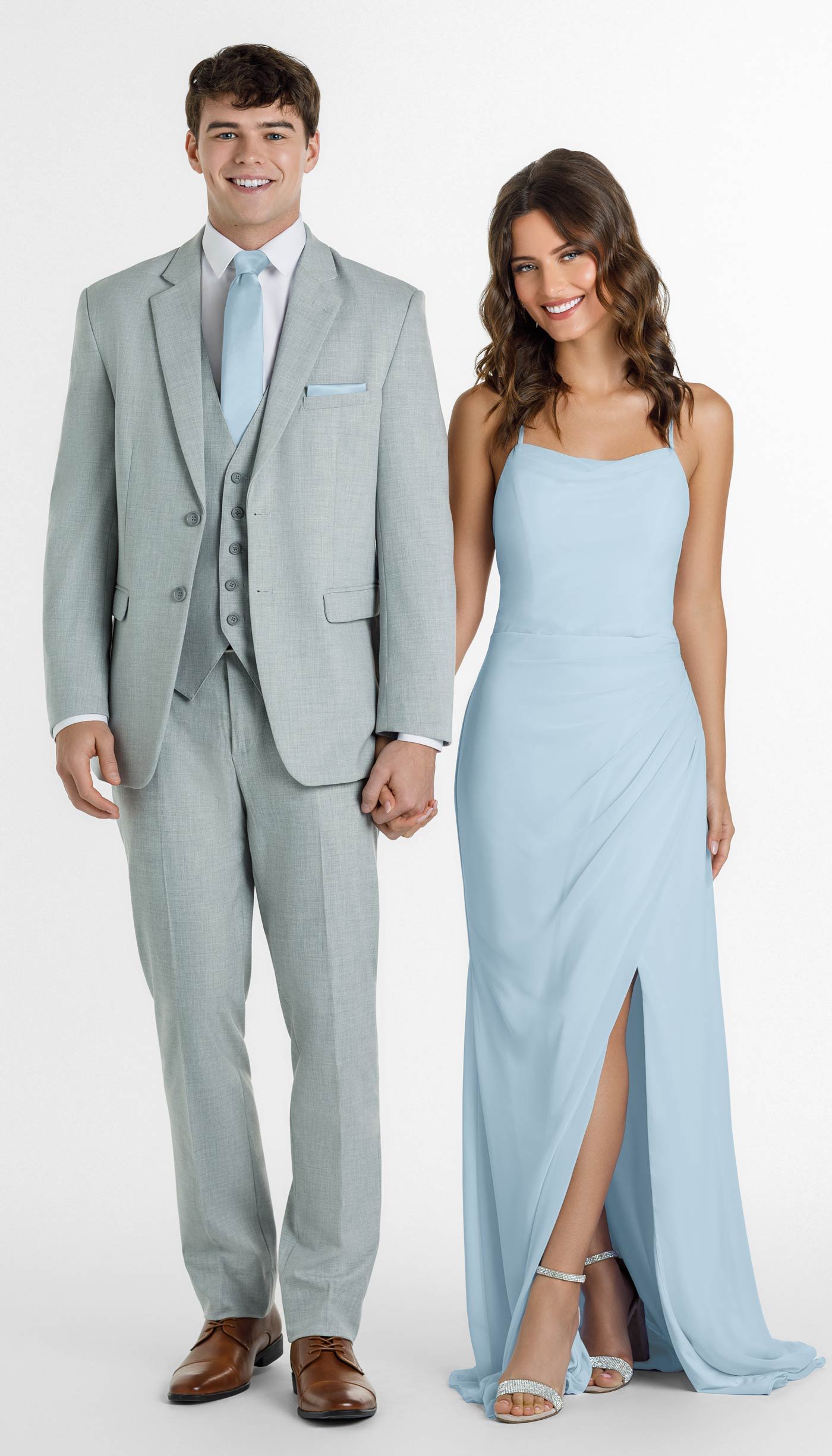 Light Grey Suit With Sky Bridesmaid Dress
