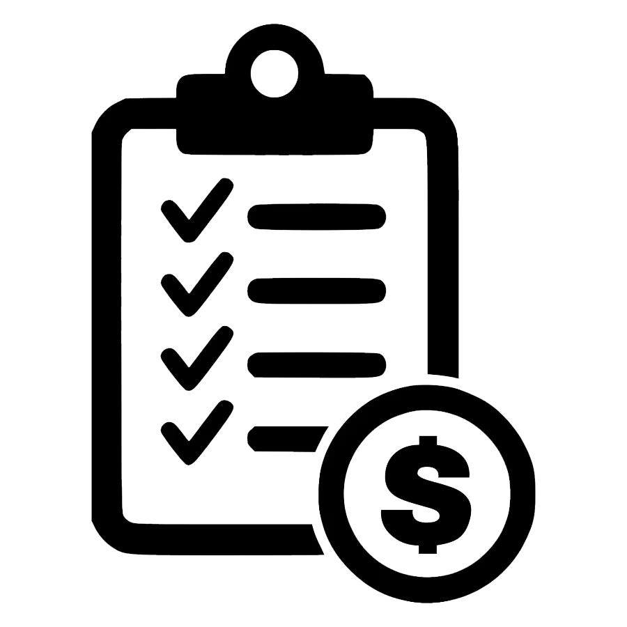 Clipboard with checkmarks and a dollar sign icon.