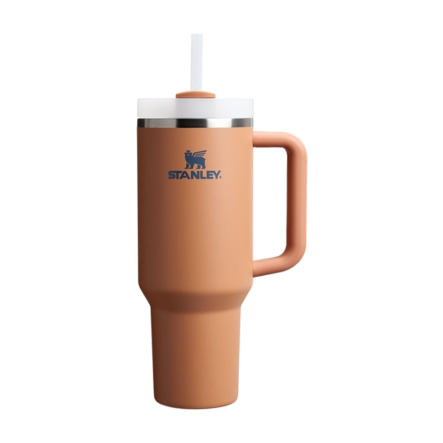 Stanley insulated tumbler with straw and handle in terracotta color.