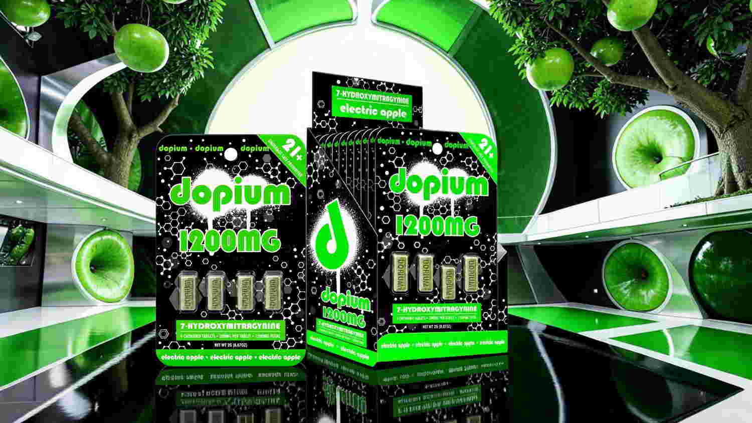 Green product packaging displayed in a futuristic setting with circular design elements.
