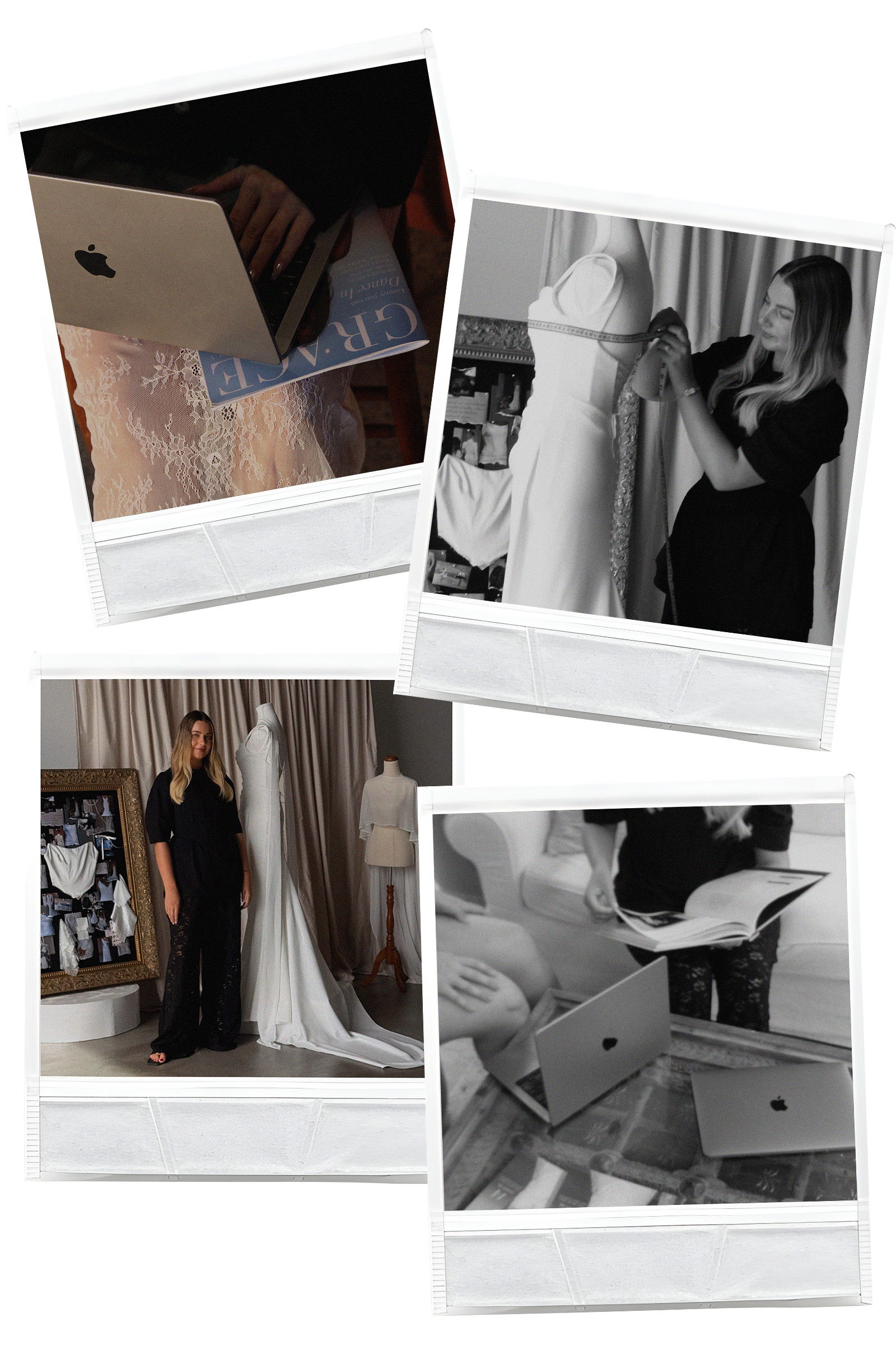 Collage of fashion design process, featuring dresses and designers at work.