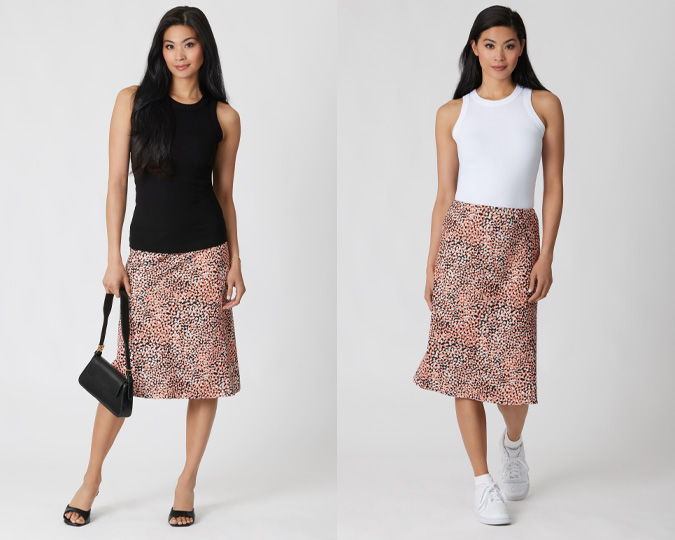 Two women modeling different outfits, one in black and one in white.