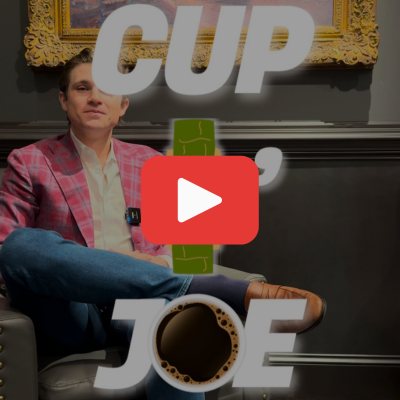 A man sitting with text overlay about a coffee-themed video.