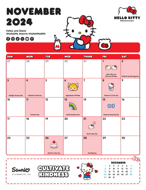 Sanrio Friend of the Month November 2024 Calendar featuring Hello Kitty.
