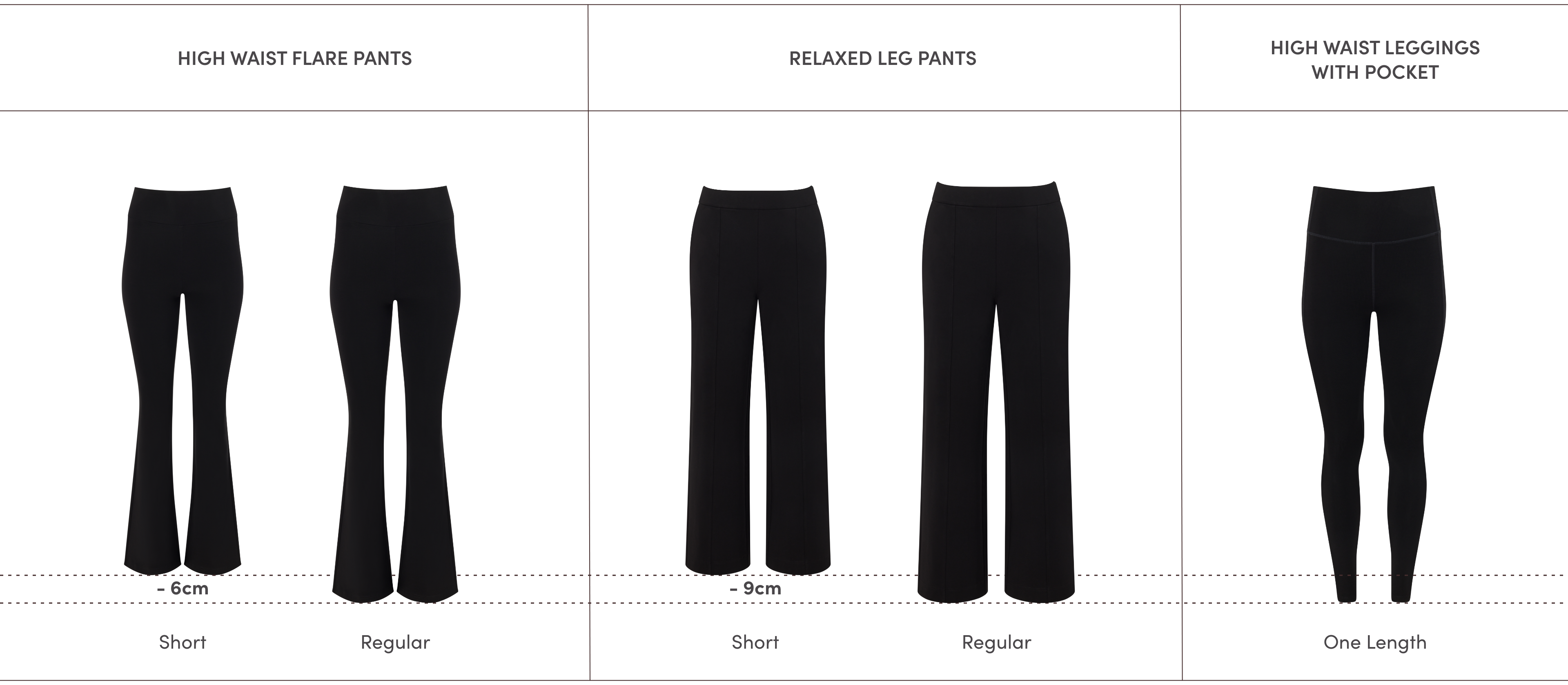 Comparison of different styles of black pants.