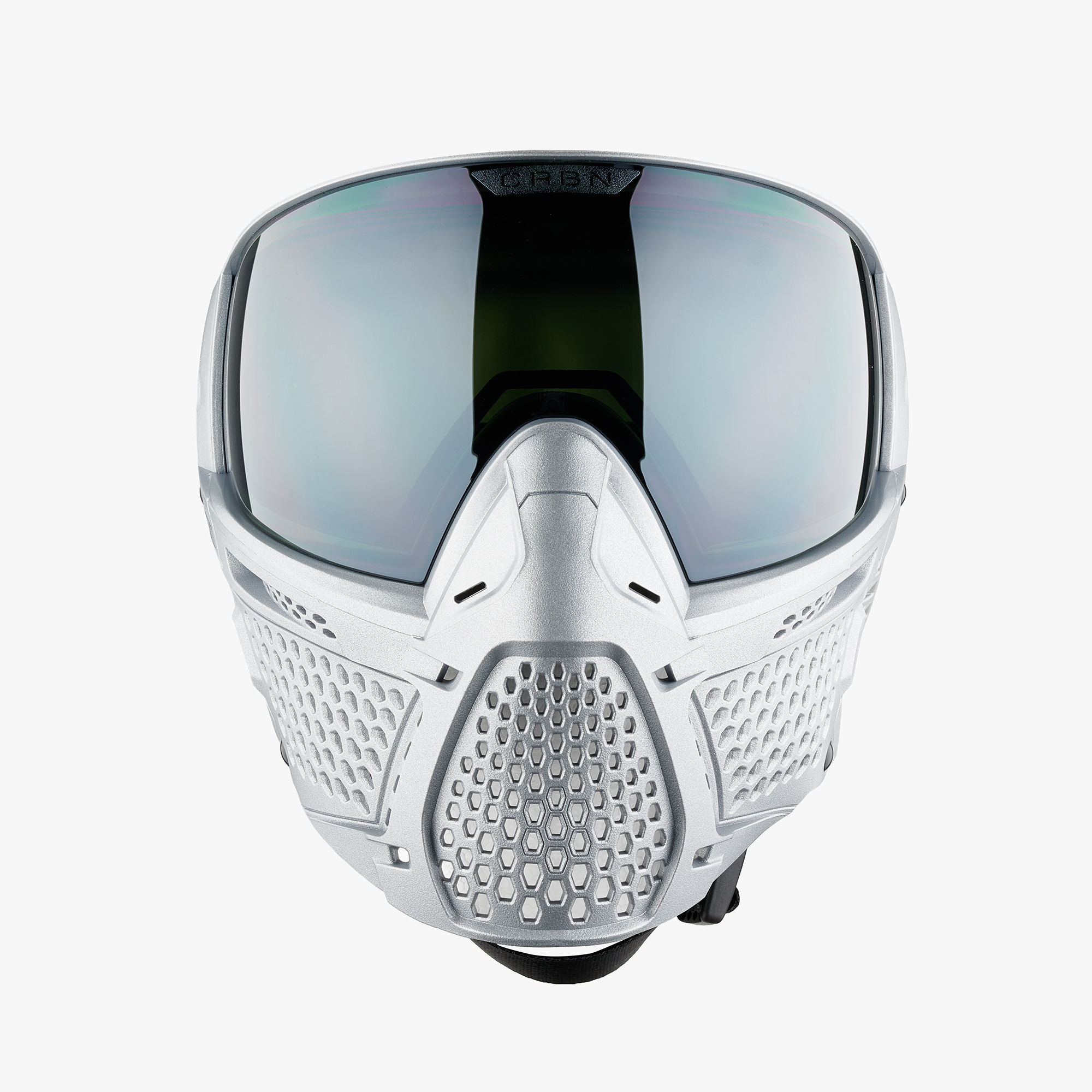 Silver mask with dark lenses, designed for protective or sports use.