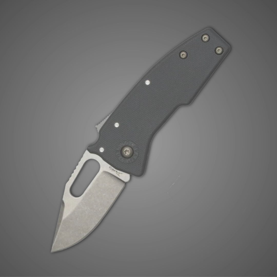 Folding knife with a gray handle and a stainless steel blade.