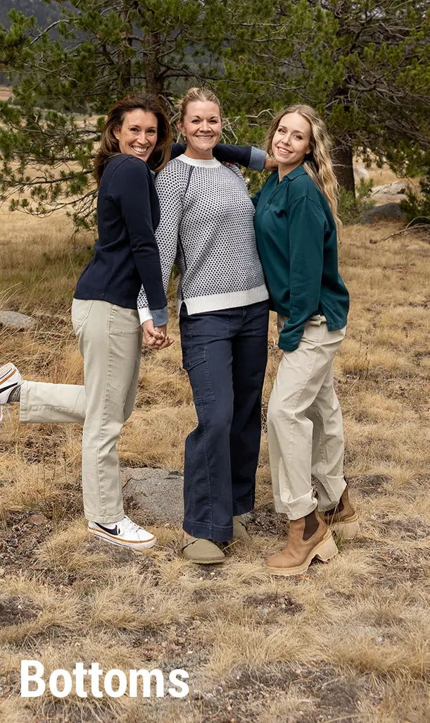 Three women posing outdoors in casual outfits, with text 