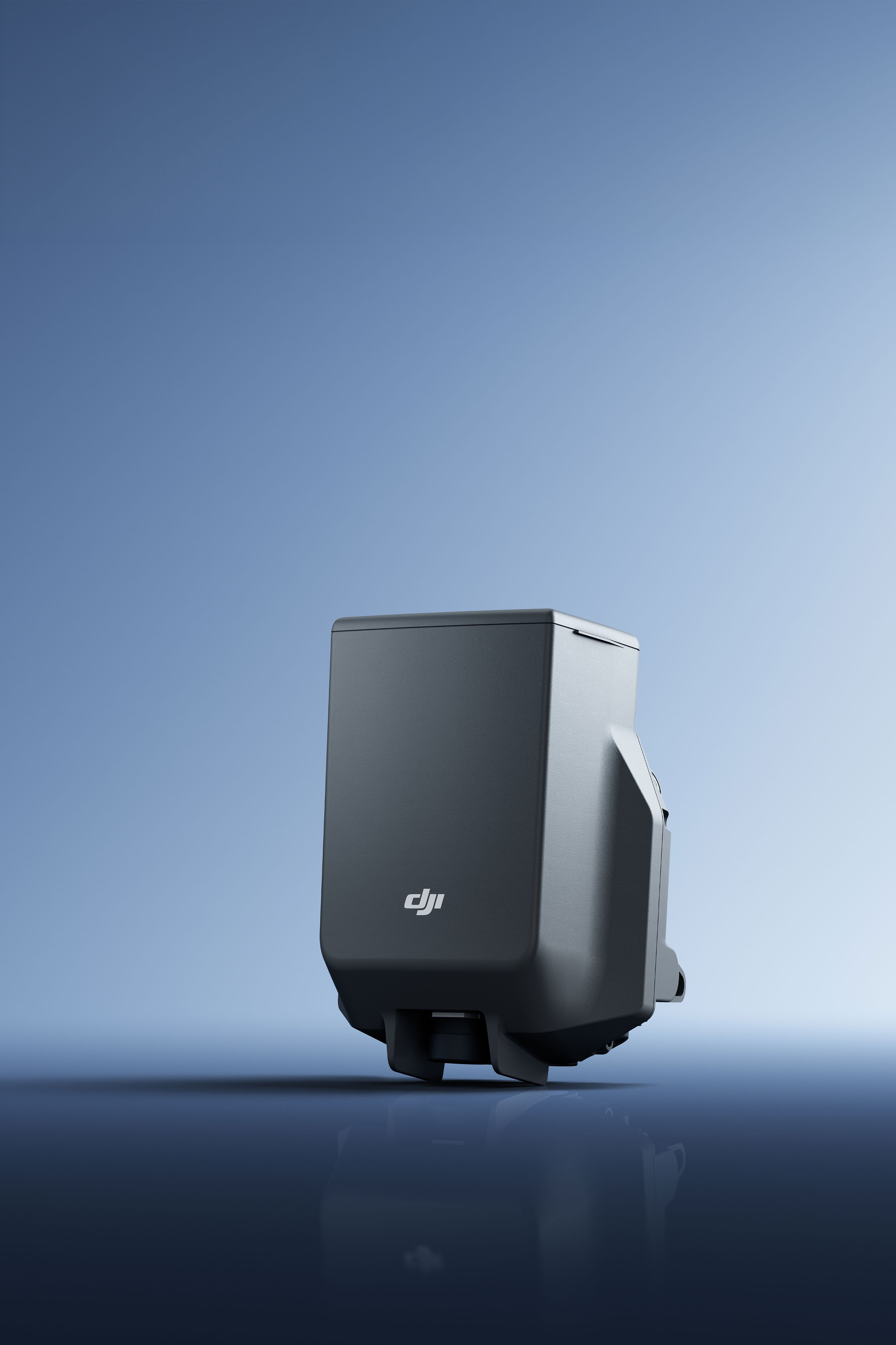 A sleek black DJI AP100 Parachute case against a gradient blue background.