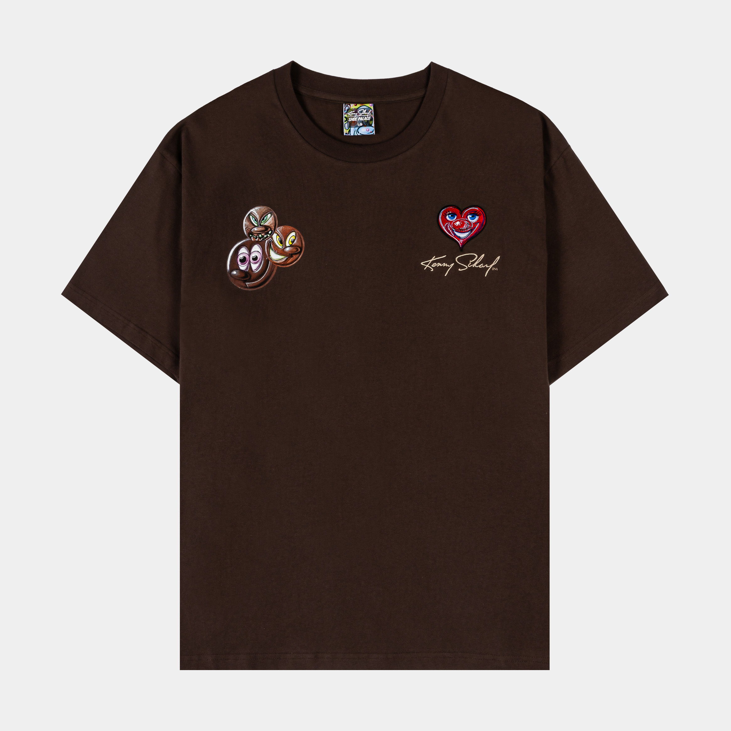 Brown t-shirt featuring various graphic designs and embroidered text.