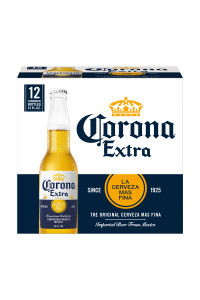A box of Corona Extra beer bottles.