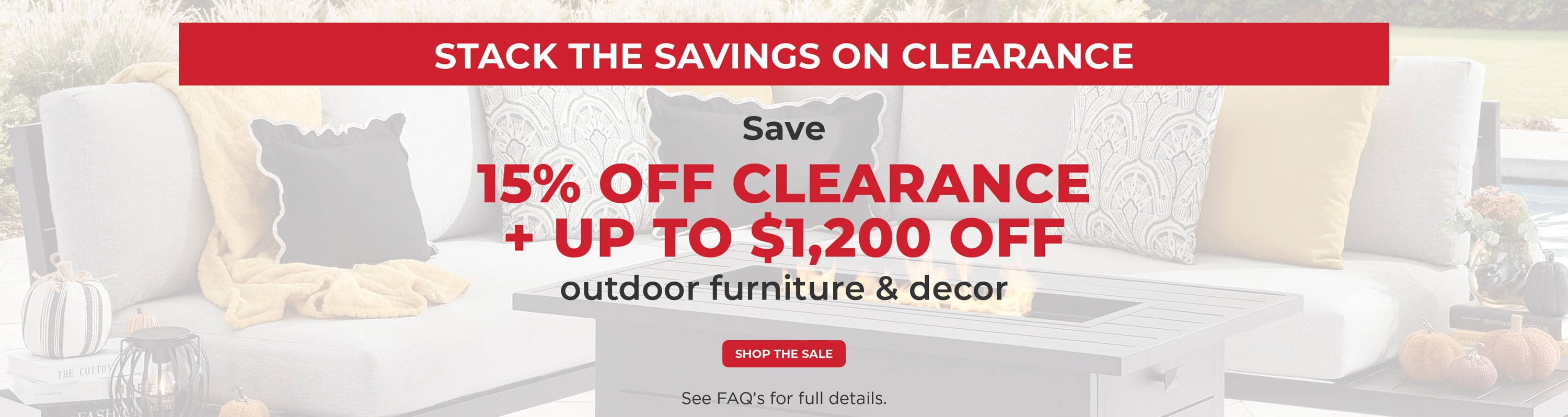 Promotional banner for outdoor furniture clearance sale.
