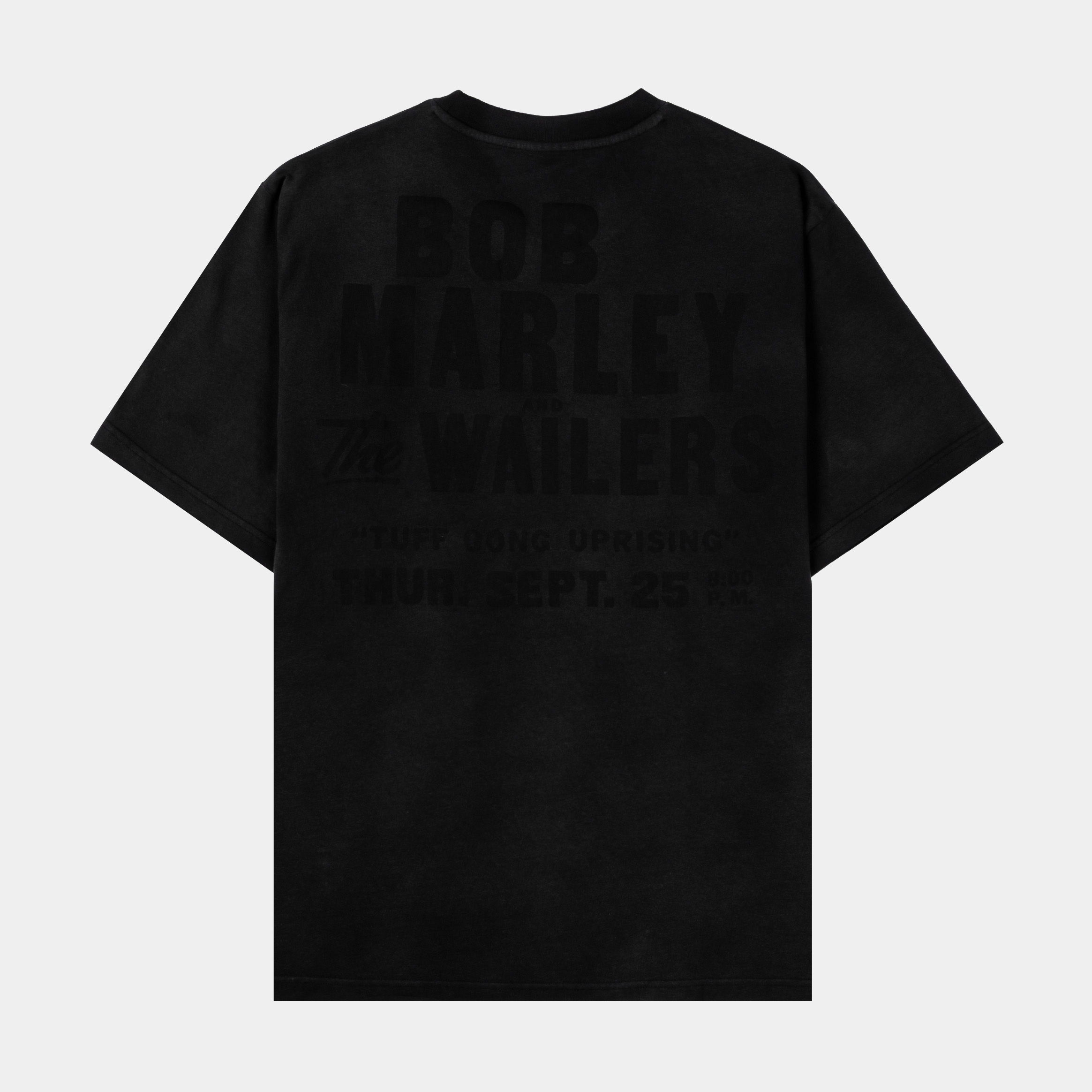 Black t-shirt featuring a graphic of a smiling man smoking.