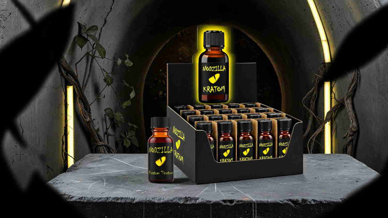 Display of health supplement bottles in a dark, illuminated setting.