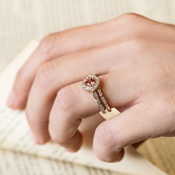 a dreamy vintage inspired gold and diamond accented wedding ring set