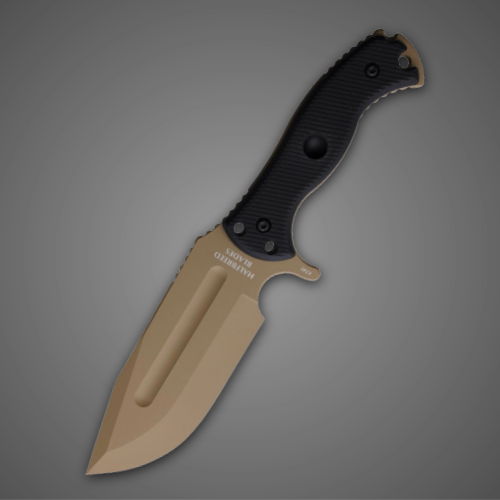 A tactical knife with a brown blade and black handle.