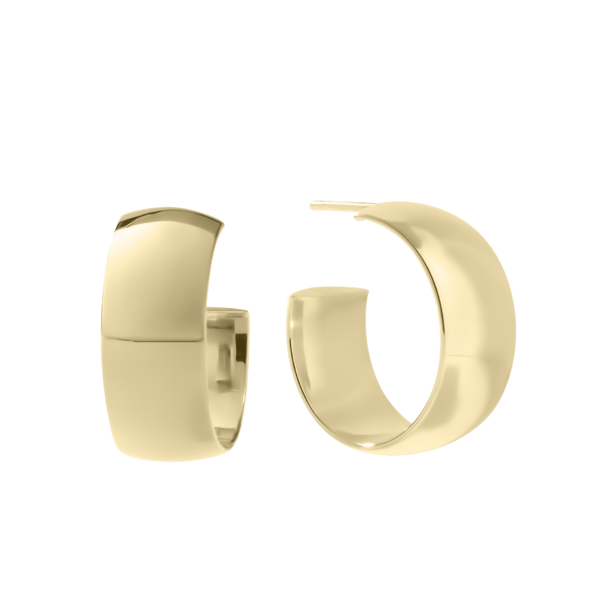 A pair of shiny gold hoop earrings.