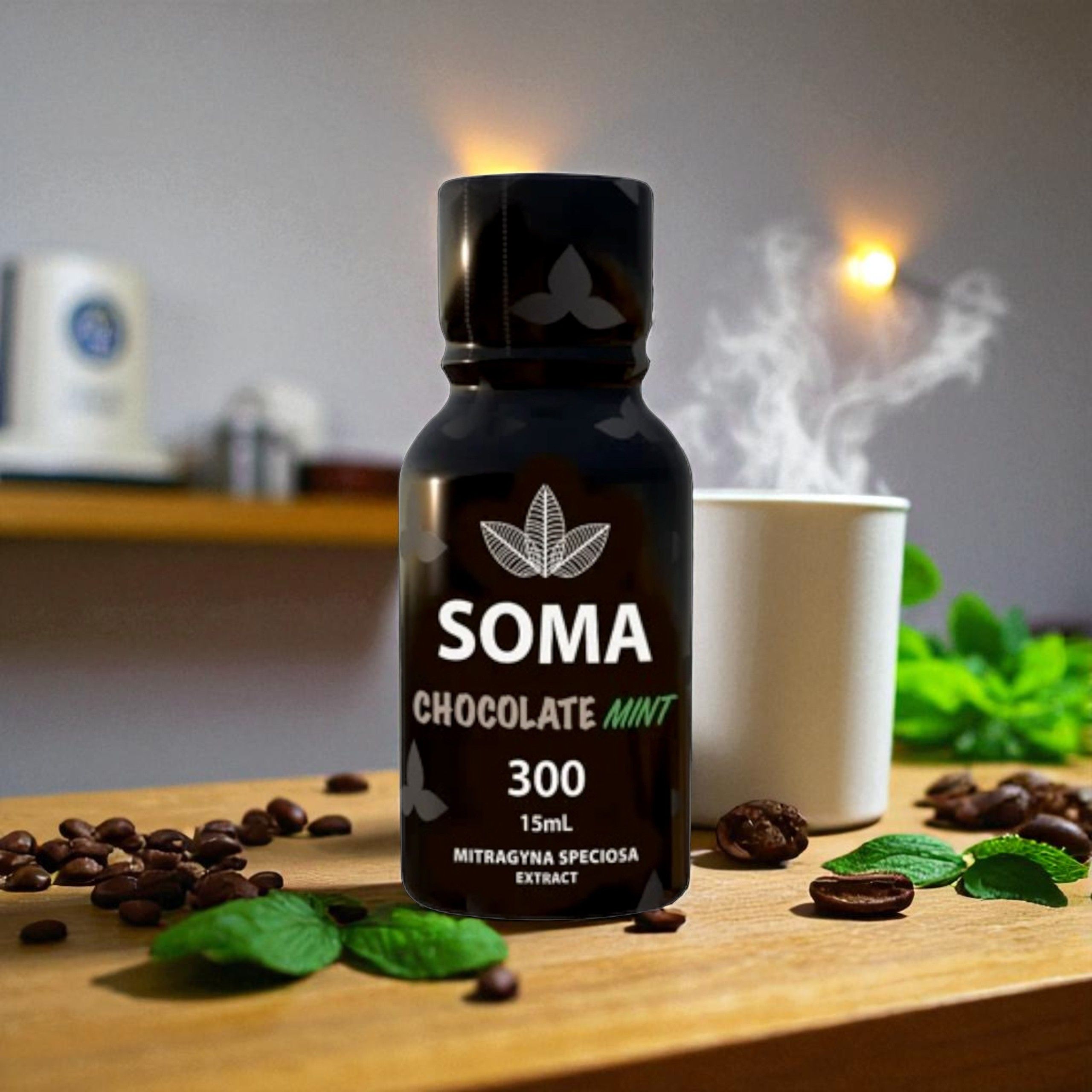 Bottle of SOMA Chocolate drink with coffee beans and mint leaves.