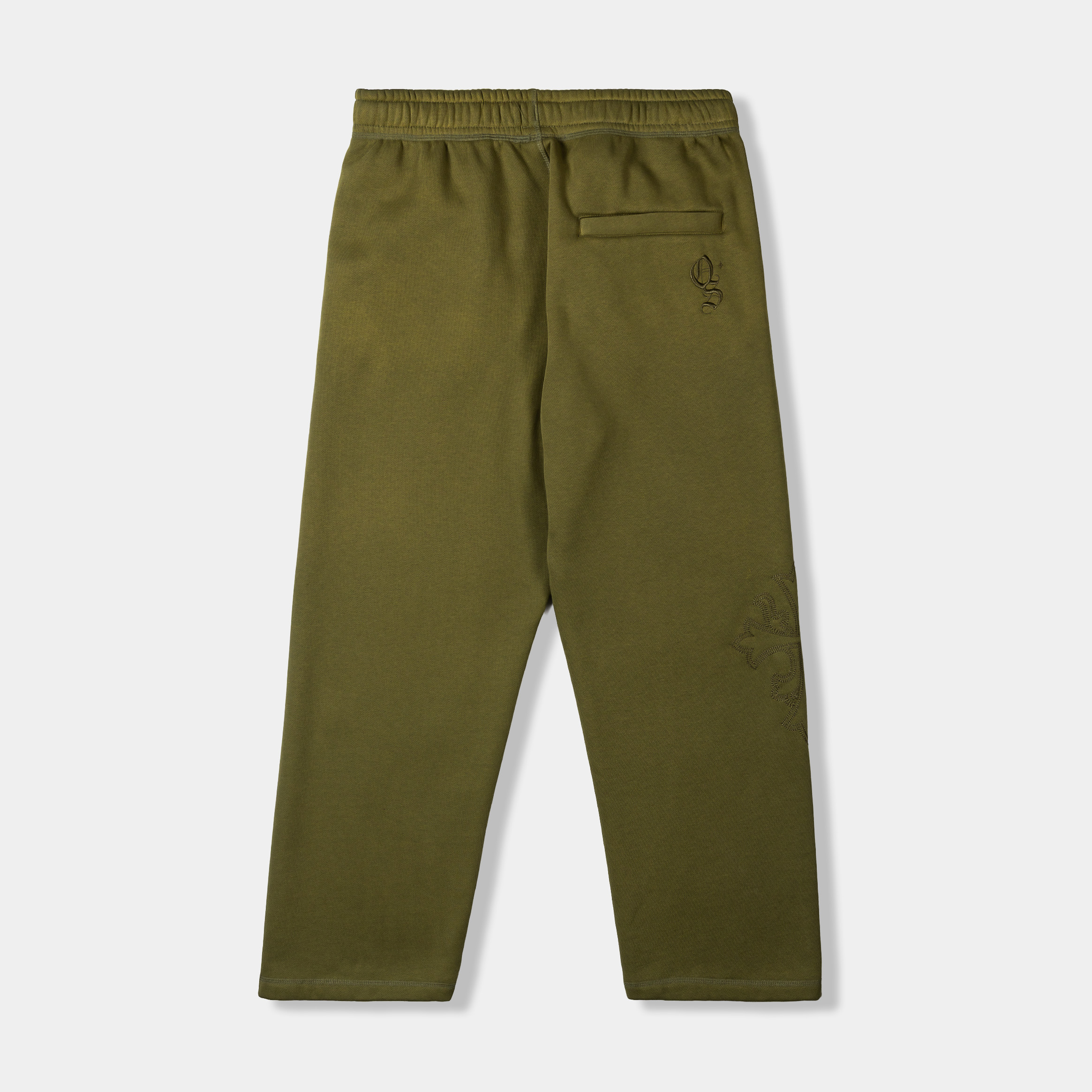 Olive green pants with elastic waistband and side pockets.