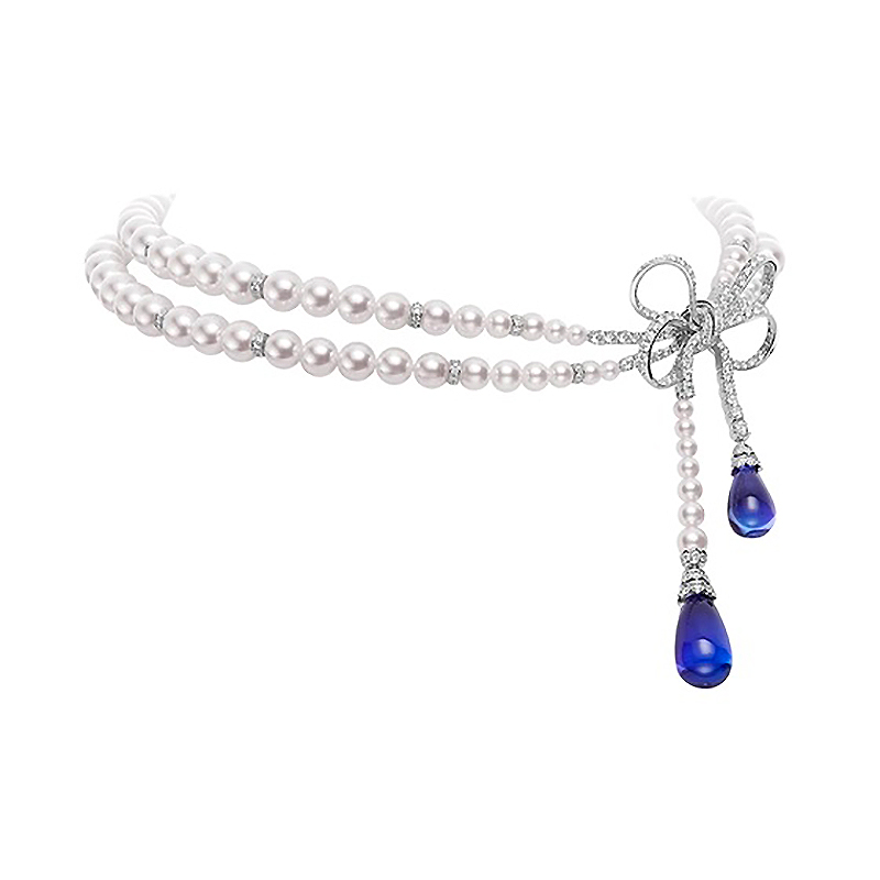 “Jeux de Rubans” Double Strand Akoya Pearl Necklace with Diamond Ribbon and Tanzanite Drops