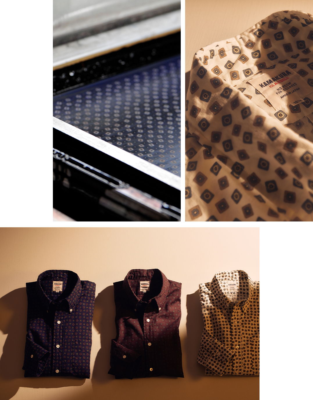 Collage of patterned shirts and a printing process.