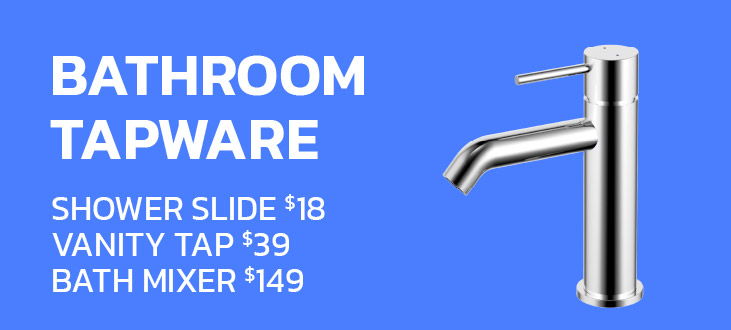 Bathroom tapware with product names and prices on a blue background.