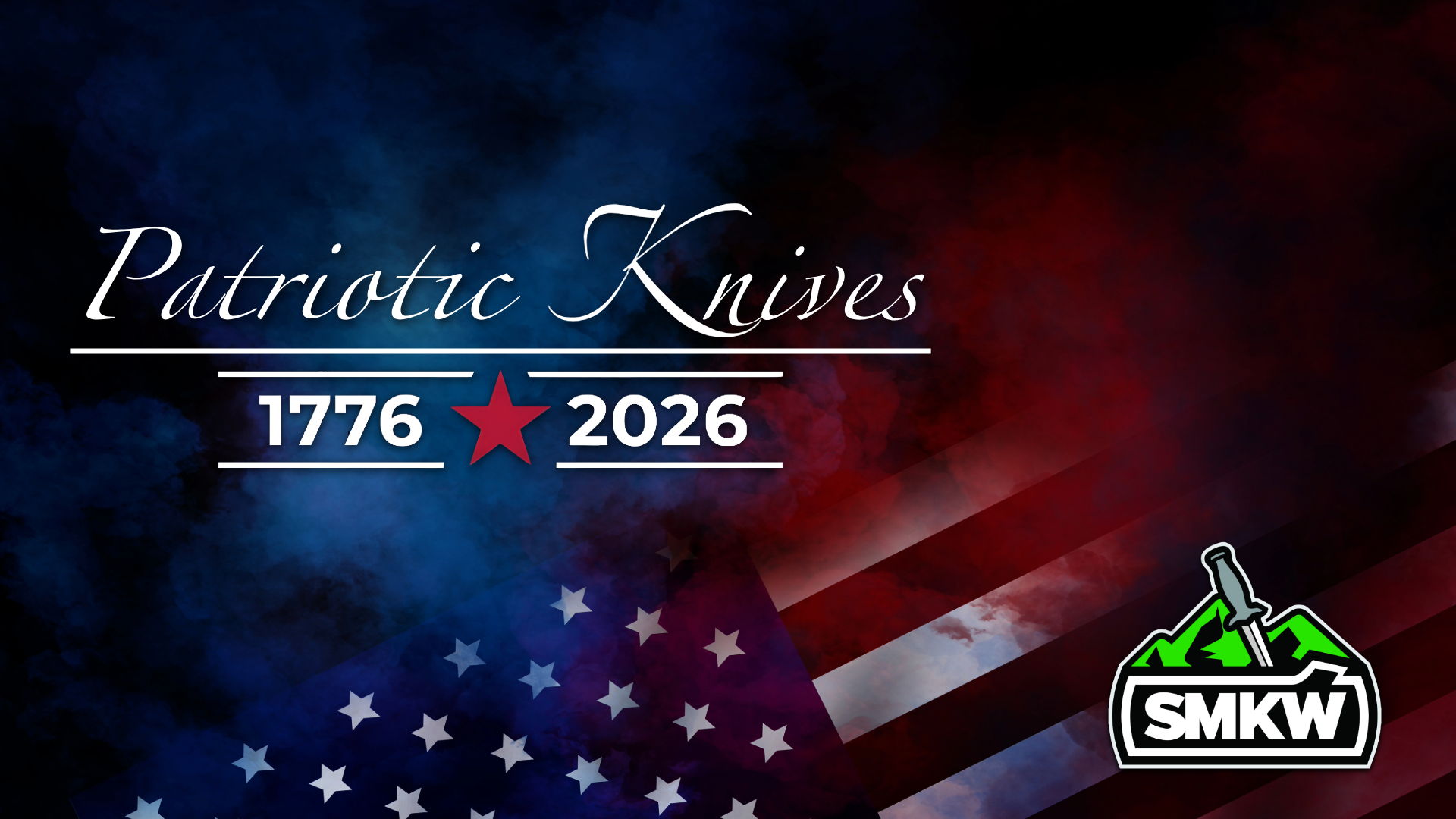Patriotic Knives 1776 2026 with American flag background.