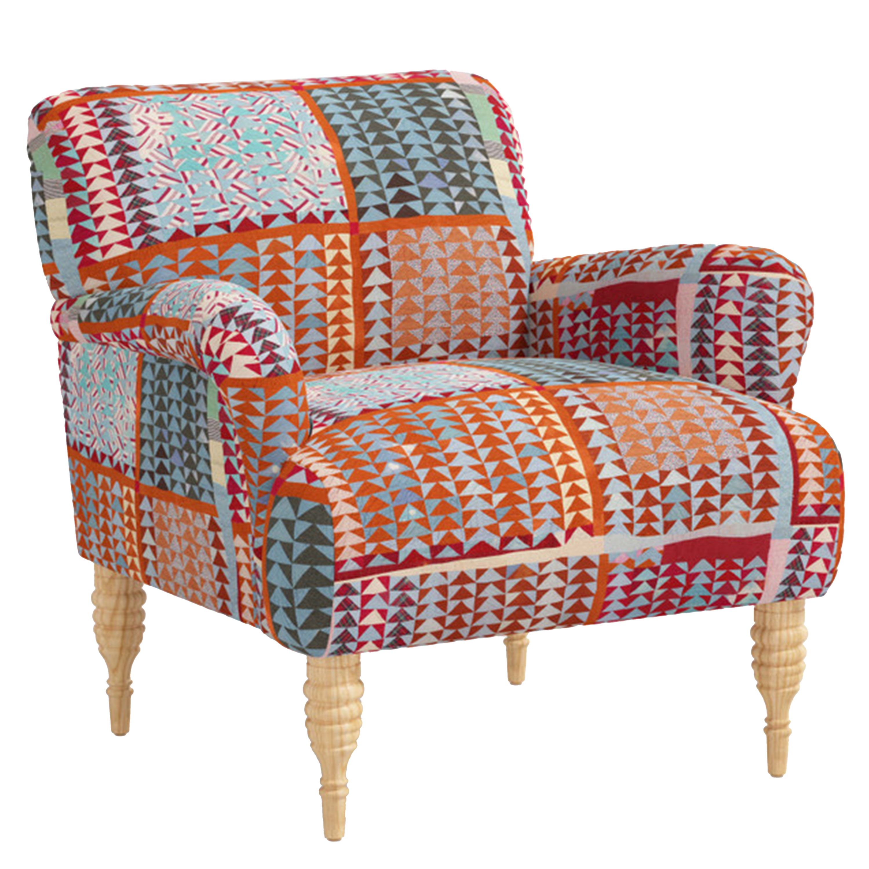 Colorful upholstered armchair with patterned fabric and wooden legs.